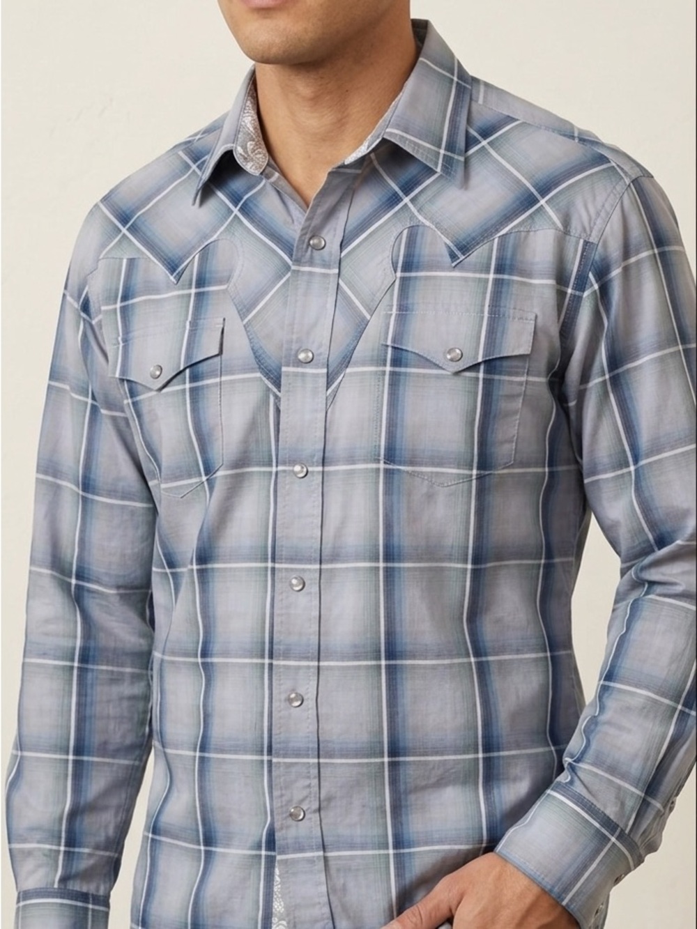Stetson Men's Western Shirt Large Blue Plaid Long Sleeve Pearl Snap 100% Cotton
